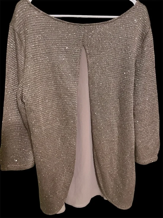 Simply Noelle L/XL Gold Shimmer Knit Top Layered Back Blouse Elegant - Picture 4 of 7